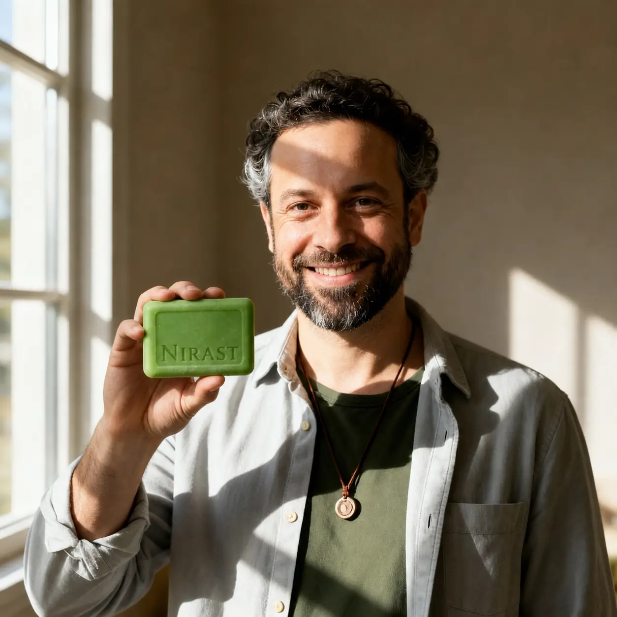 Person holding a green soap labeled 'Nirast', smiling, with sunlight streaming through a window.