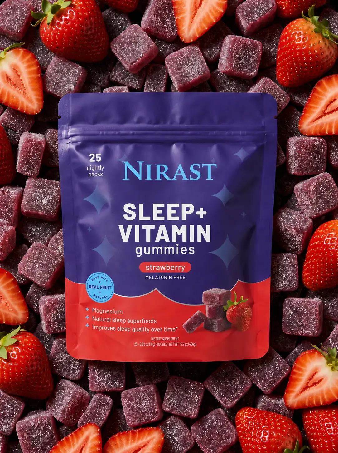 Front view of Nirast Sleep and Vitamin gummies pouch, strawberry flavor, with scattered gummies and strawberries background