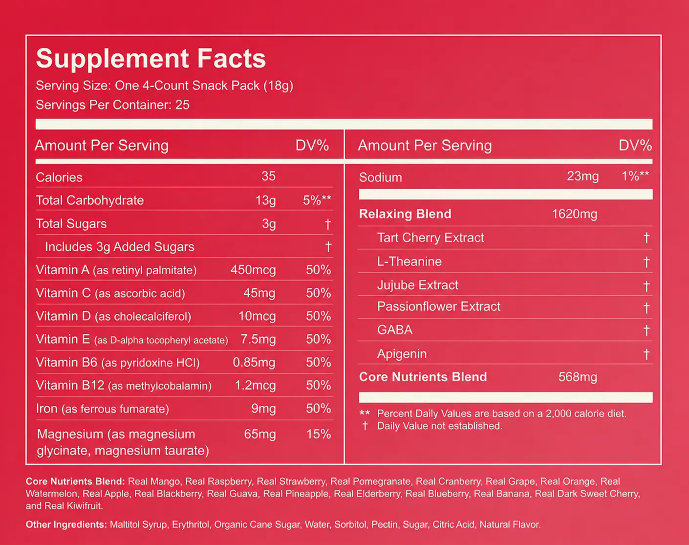 Supplement facts panel: serving size one 4-count snack pack (18 g); 35 cal; vitamins ~50% DV; magnesium blend 65 mg; relaxing blend 1620 mg
