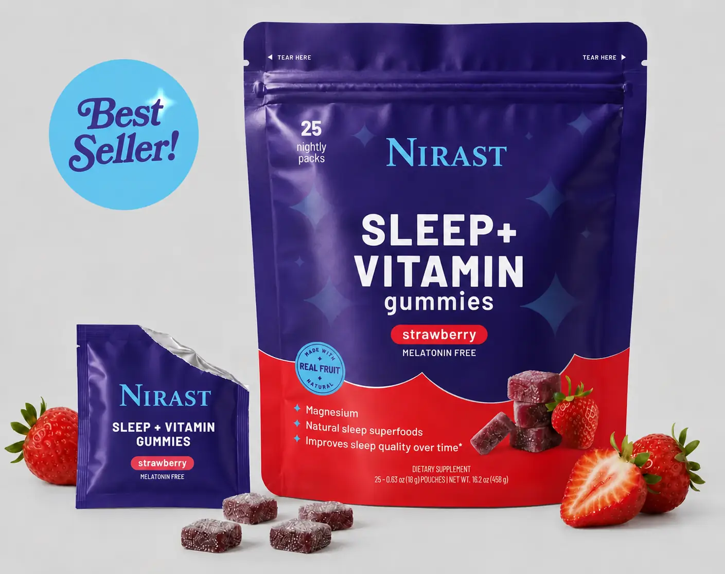 Front view of Nirast Sleep Plus Vitamin strawberry melatonin-free gummies pouch with sachet and strawberries on white